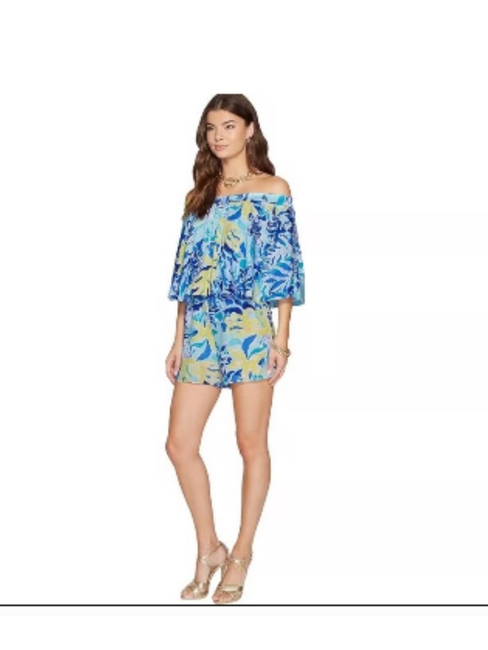 NWT Lilly Pulitzer M Off-the-Shoulder Tropical Print Romper in Blue and Yellow